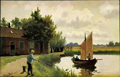 Künstler Ak Gerstenhauer, Johann Georg, niederländisches Motiv, Angler am Flussufer, Segelboot