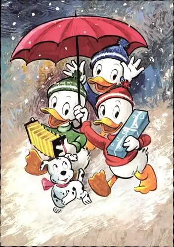 Ak Walt Disney, Tick, Trick und Track, Harmonika, Hund, Geschenke