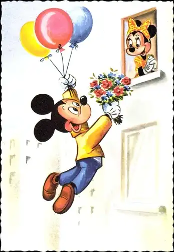 Ak Walt Disney, Mickey Mouse, Minnie Mouse, Geschenk, Blumen, Ballons