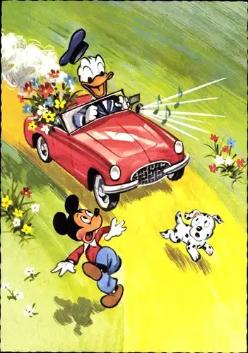 Ak Walt Disney, Mickey Mouse, Donald Duck, Autofahrt, Hund