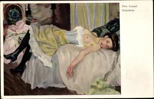 Künstler Ak Cucuel, E., Koketterie, Frauenakt, Frau im Bett, Verführung
