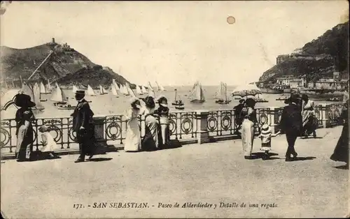 Ak Donostia San Sebastian Baskenland, Paseo de Alderdieder und Einzelheiten einer Regatta