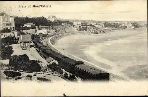 Ak Estoril Cascaes Cascais Portugal, Strand, Eisenbahn