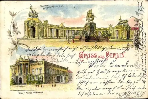 Litho Berlin Mitte, Palais Kaiser Wilhelm I., Denkmal Kaiser Wilhelm der Große
