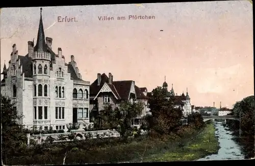 Ak Erfurt in Thüringen, Villen am Pförtchen, Blick den Bach mit Brücke entlang