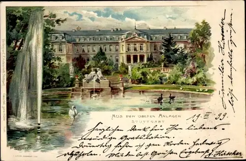 Künstler Litho Schnorr, P., Stuttgart in Baden Württemberg, Partie in den oberen Anlagen, Schloss