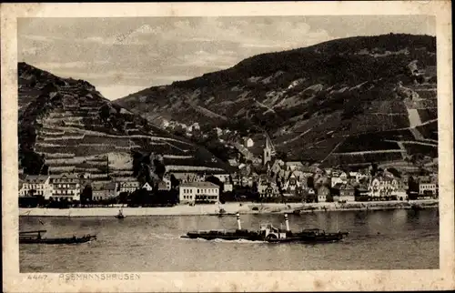 Ak Assmannshausen Rüdesheim am Rhein, Totalansicht, Kirchturm, Dampfer