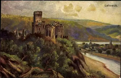 Künstler Ak Burger, Lahneck Lahnstein, Blick auf die Burg, Fluß