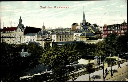 Ak Wiesbaden in Hessen, Kochbrunnen, Kirchtürme