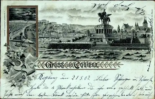 Mondschein Litho Koblenz in Rheinland Pfalz, Kaiser Wilhelm I Denkmal, Deutsches Eck