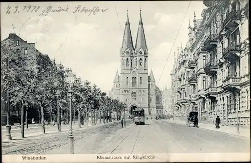 Ak Wiesbaden in Hessen, Rheinstraße, Ringkirche, Straßenbahn