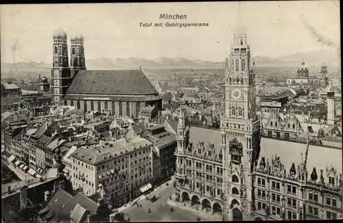 Ak München, Totalansicht, Gebirgspanorama, Kirchtürme