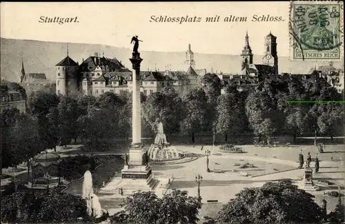 Ak Stuttgart in Württemberg, Schlossplatz, altes Schloss, Denkmal, Springbrunnen