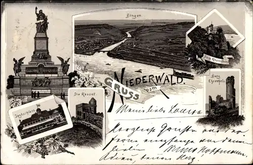 Vorläufer Litho Rüdesheim am Rhein in Hessen, Burg Rheinstein, Rossel, Niederwalddenkmal