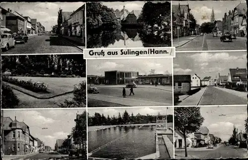 Ak Sulingen in Niedersachsen, Teilansichten, Schwimmbad, Park, Kirchturm