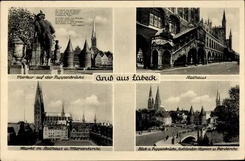 Ak Hansestadt Lübeck, Merkur, Puppenbrücke, Rathaus, Marienkirche, Markt, Holstentor, Petrikirche