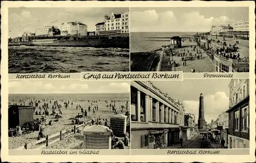 Ak Nordseebad Borkum in Ostfriesland, Promenade, Badeleben, Südbad, Teilansichten, Leuchtturm