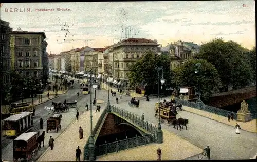 Ak Berlin Tiergarten, Potsdamer Brücke, Straßenbahn, Kutschen