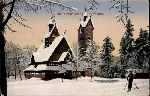 Ak Karpacz Górny Brückenberg Krummhübel Riesengebirge Schlesien, Kirche Wang im Winter