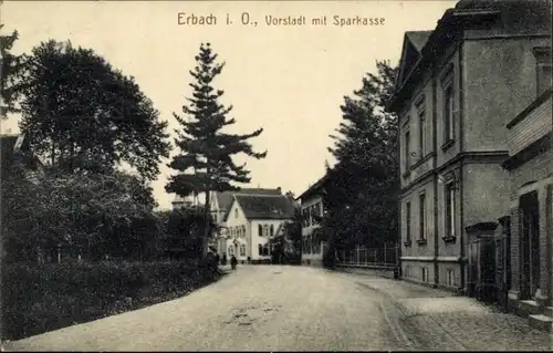 Ak Erbach im Odenwaldkreis Hessen, Partie in der Vorstadt mit Sparkasse