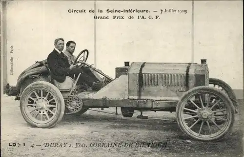 Ak Circuit de la Seine Inferieure 1907, ACF Grand Prix, Duray auf Dietrichs Voiture Lorraine