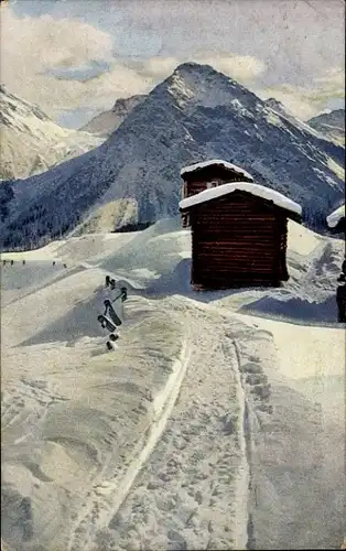 Ak Arosa Kanton Graubünden Schweiz, Schneepartie, Holzhütten