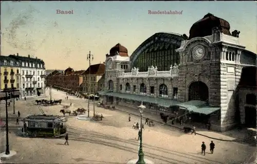 Ak Basel Stadt Schweiz, Bahnhof, Straßenbahn