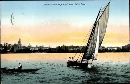 Ak Zürichsee Kanton Zürich, Gesamtansicht, Abendstimmung, Segelboot