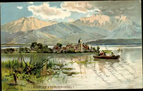 Künstler Litho Heinisch, Gemeinde Chiemsee, Blick zur Fraueninsel, Alpenpanorama, Ruderboot