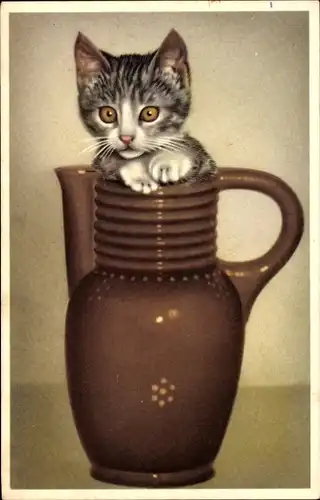Künstler Ak Kleine getigerte Katze in einem Tonkrug