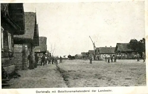 Ak Brest Litowsk Weißrussland, Rokitnosümpfe, Dorfstraße, Bataillonsmarketenderei d Landwehr, I. WK