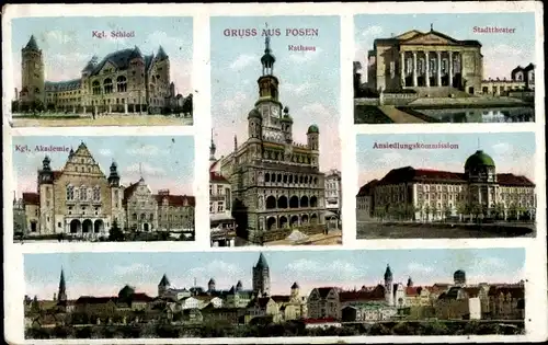 Ak Poznań Posen, Königliches Schloss, Stadttheater, Ansiedelungskommision, Akademie