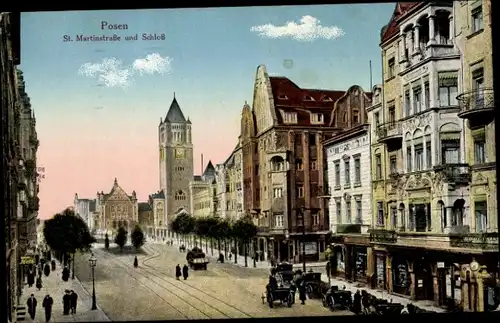 Ak Poznań Posen, St. Martinstraße und Schloss