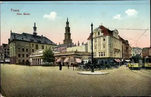 Ak Poznań Posen, Blick über den alten Markt, Kirchturm, Kutschen, Straßenbahnen