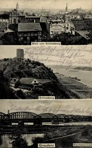 Ak Grudziądz Graudenz Westpreußen, Stadt vom Schlossberg aus gesehen, Weichselbrücke