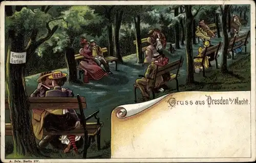 Litho Dresden Altstadt, Großer Garten, Liebespaare bei Nacht