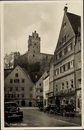 Ak Füssen im Allgäu, Konditorei Held, Stadt Café, Autos