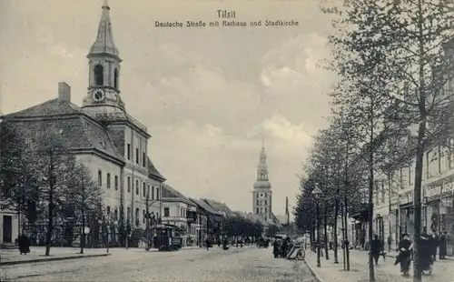 Ak Sowjetsk Tilsit Ostpreußen, Deutsche Straße, Rathaus, Stadtkirche