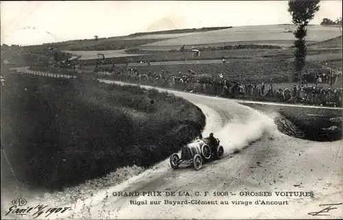 Ak Grand Prix de l'ACF 1908, Big Cars, Rigal auf Bayard-Clement