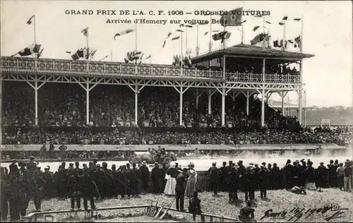 Ak Grand Prix de l'ACF 1908, Big Cars, Ankunft von Hemery auf einem Benz-Wagen