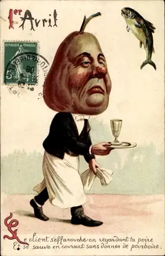 Ak 1. April, Kellner mit Birne als Gesicht