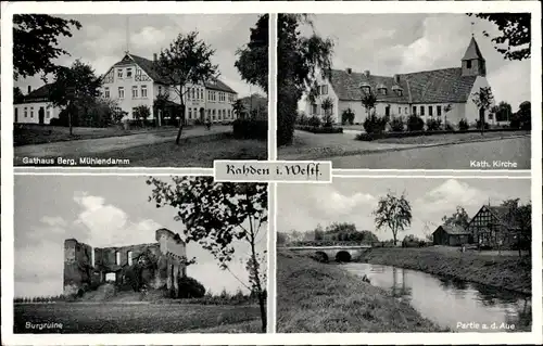 Ak Rahden in Westfalen, Gasthaus Berg, Mühlendamm, Katholische Kirche, Burgruine, Aue