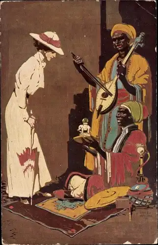 Ganzsachen Ak Orientalische Händler, Musiker, Wasserpfeife, europ. Dame, Ausstellung München 1910