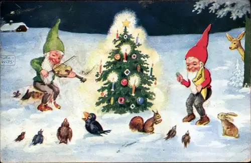 Künstler Ak Wills, John, Frohe Weihnachten, Tannenbaum, Zwerge, Waldtiere