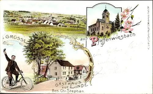 Litho Pfaffenwiesbach Wehrheim im Taunus Hessen, Radfahrer, Kirche, Gasthaus zur Linde