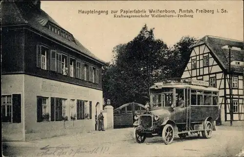 Ak Weißenborn im Erzgebirge, Papierfabrik, Haupteingang, Autobus