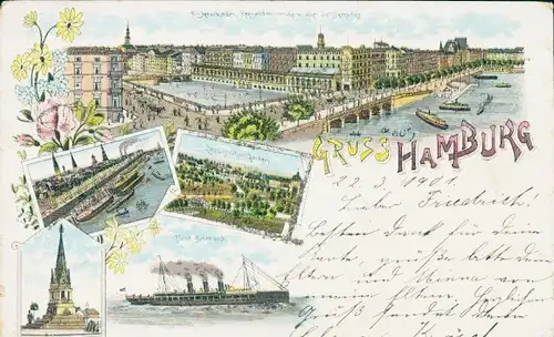 Glitzer Litho Hamburg Mitte Altstadt, Panorama, Brücke, Denkmal, Kriegsschiff