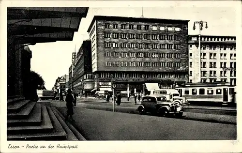 Ak Essen im Ruhrgebiet Nordrhein Westfalen, Partie an der Hauptpost, Auto, Straßenbahn