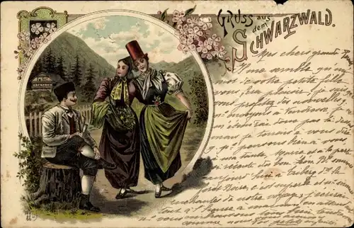 Litho Gruß aus dem Schwarzwald, Frauen und Mann in Trachten