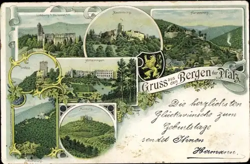 Litho Hardenburg Bad Dürkheim am Pfälzerwald, Madenburg, Limburg, Maxburg, Altleiningen, Trifels